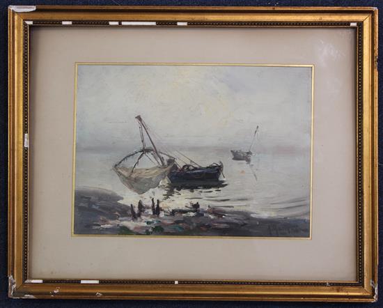 A. Matignon Fishing boats along the coast, 7 x 9.75in.